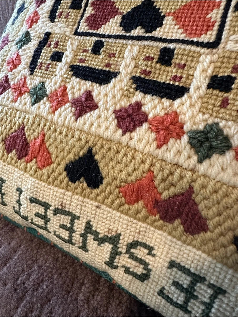 Vintage 1983 Home Sweet Home Cross Stitched Tapestry Pillow Handmade